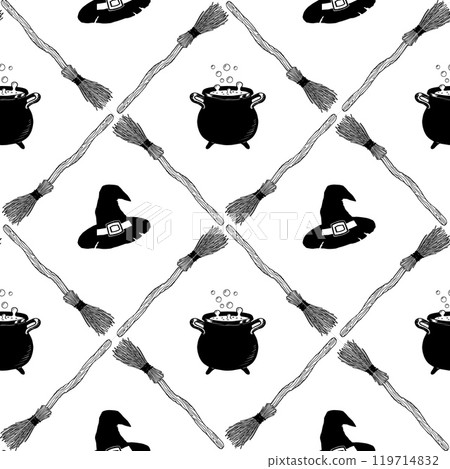 Seamless pattern for Halloween. Decorative backdrop with brooms, hats and cauldrons. Sketch style background for Halloween. Background for websites, packaging, wallpapers, etc. Seamless pattern for Halloween. Decorative backdrop with brooms, hats and cauldrons. Sketch style background for Halloween. Background for websites, packaging, wallpapers, etc. 119714832