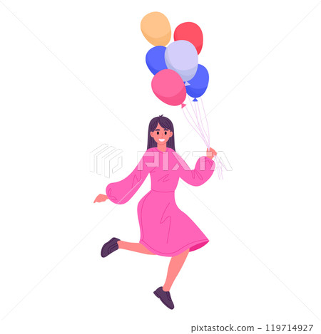 Cartoon girl floating with air balloons. Happy cheerful female character with colorful helium balloons in hands flat vector illustration. Woman jumping with balloons 119714927