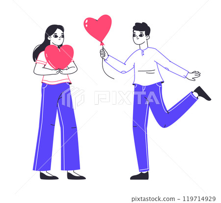 Cheerful people sharing hearts. Valentine's day love sharing, romantic characters giving hearts to each other flat vector illustration. Couple in love exchanging hearts Cheerful people sharing hearts. Valentine's day love sharing, romantic characters giving hearts to each other flat vector illustration. Couple in love exchanging hearts 119714929