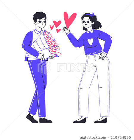 Couple exchanging hearts. Romantic people sharing hearts, cheerful characters in love giving hearts to each other flat vector illustration. Valentine's day love sharing 119714930