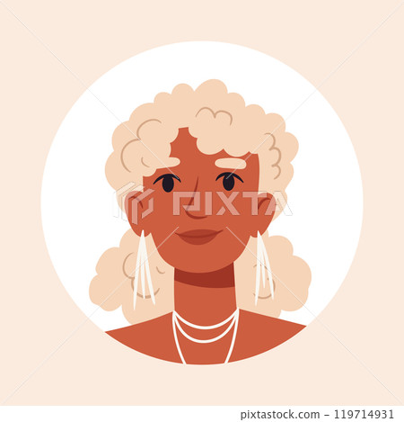 Cute blond woman face. Stunning woman portrait, beautiful girl avatar, smiling female character flat vector illustration. Young lady portrait Cute blond woman face. Stunning woman portrait, beautiful girl avatar, smiling female character flat vector illustration. Young lady portrait 119714931