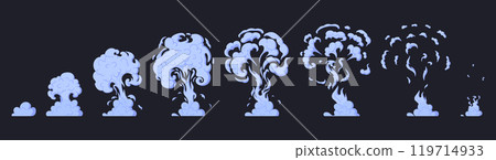 Dust clouds animation. Cartoon smoke explosion sprite elements, smoke silhouette animation flat vector illustration set. Explosion dust clouds action stages 119714933