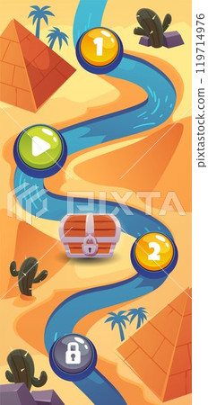 Level map vertical vector user interface desert background, cartoon Egyptian pyramid, sand dunes and river way, chest Level map vertical vector user interface desert background, cartoon Egyptian pyramid, sand dunes and river way, chest 119714976