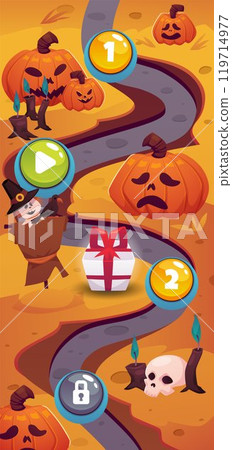Level map vertical user interface Halloween vector background, pumpkin with spooky carving face, skull, candles giftbox Level map vertical user interface Halloween vector background, pumpkin with spooky carving face, skull, candles giftbox 119714977