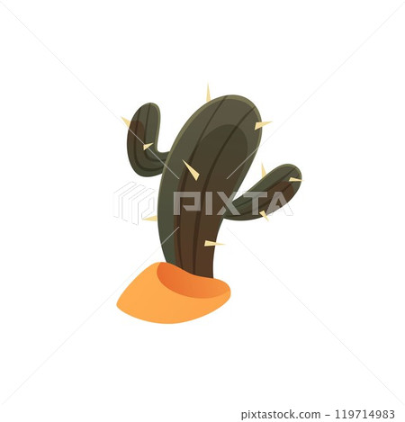 Desert cactus on sand vector flat icon, succulent spiny green plant, cartoon tropical Cacti, summer nature game props 119714983