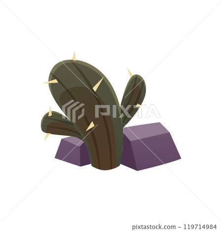 Desert cactus with stones vector flat icon, succulent spiny green plant, cartoon tropical Cacti summer nature game props 119714984