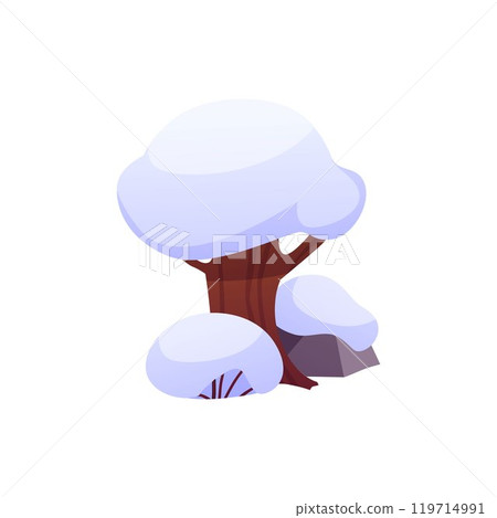 Vector icon of tree with branches covered with snow, surrounded by dry bush and stone Vector icon of tree with branches covered with snow, surrounded by dry bush and stone 119714991