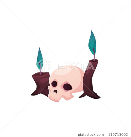 Vector image of a human skull and mystical burning candles on a white background Vector image of a human skull and mystical burning candles on a white background 119715002