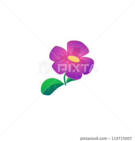 Fantasy glowing pink daisy flower with leaves vector cartoon icon, blossom beautiful plant fairy magic floral game props 119715007