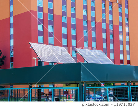 Solar panels in the bike park. Alternative energy source. Energy crisis. 119715027