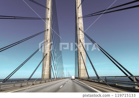 High-speed road bridge view from a fast-moving car. 119715133