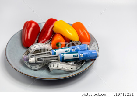 Ozempic Insulin injection pen for diabetics and weight loss on a plate with vegetables. Medical equipment for diabetes parients. 119715231
