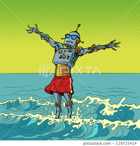 Freedom of artificial intelligence. Robot spreads its arms in the ocean. Summer applications for the phone. Freedom of artificial intelligence. Robot spreads its arms in the ocean. Summer applications for the phone. 119715414