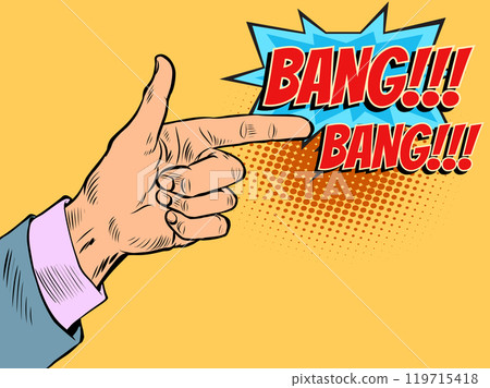 Hand gesture gun with explosion effect. Discounts and promotions for business clients. Effective bright price special offer. Hand gesture gun with explosion effect. Discounts and promotions for business clients. Effective bright price special offer. 119715418