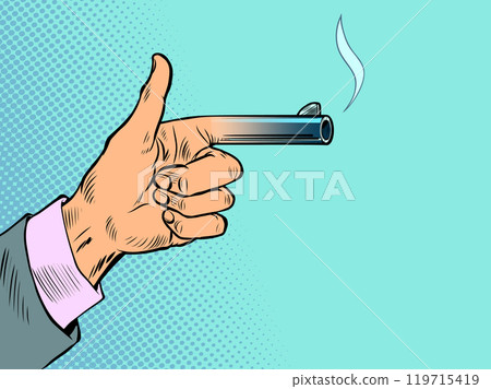 Hand gesture gun. Discounts and promotions for business clients. Indication of a profitable offer. Hand gesture gun. Discounts and promotions for business clients. Indication of a profitable offer. 119715419