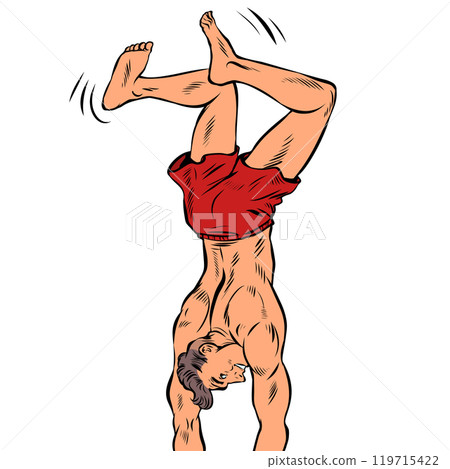 Vacation at sea abroad. Man stands on his hands in the ocean. Summer clothes and attributes, for vacation. 119715422