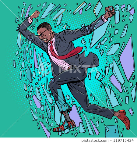 Breaking social shackles. Office man breaks glass. Striving to climb the career ladder. 119715424