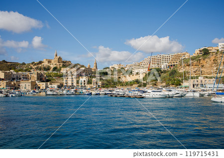 Gozo island in Malta panoramic view from the sea 119715431