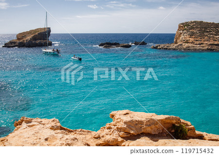 Blue Lagoon in Malta panoramic top view 119715432