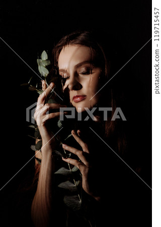 Portrait of beautiful caucasian woman model with closed eyes. Portrait of beautiful caucasian woman model with closed eyes. 119715457