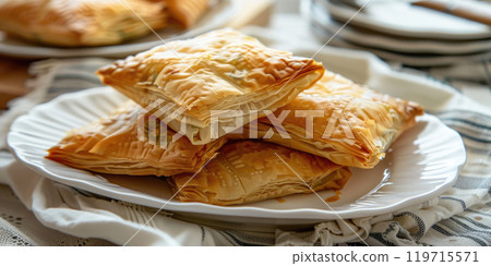 Spanakopita on a white ceramic plate, Traditional Greek pastry with flaky crust, golden brown texture. 119715571