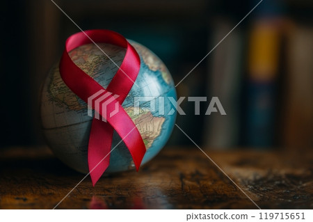 World health awareness red ribbon on globe symbolizing global hiv/aids support and prevention World health awareness red ribbon on globe symbolizing global hiv/aids support and prevention 119715651