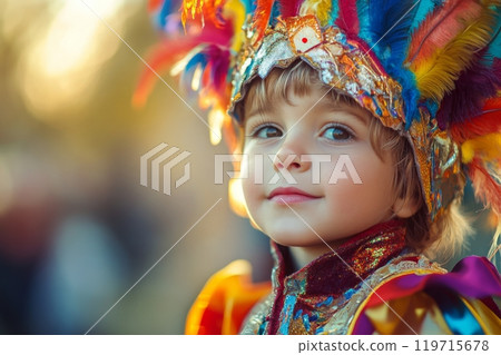 Joyful child in vibrant carnival costume with feathered headdress Joyful child in vibrant carnival costume with feathered headdress 119715678