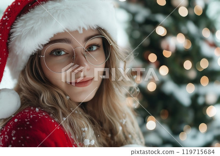 Festive holiday cheer woman in santa hat with christmas tree background 119715684
