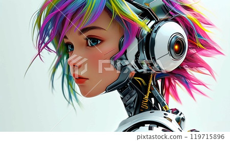 futuristic rainbow haired cyborg on white background for tech and sci-fi visuals 119715896