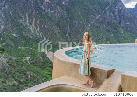 Female tourist at the hot springs of Grutas Tolantongo, Mexico. Adventure, relaxation, and natural wellness concept 119716003