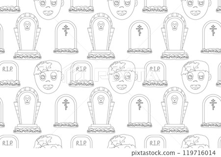 Zombie and Tombstones Halloween Coloring Pattern 119716014