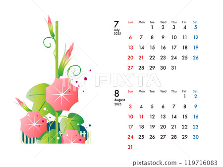 1 頁 2 月曆,附有美麗的風景畫,七月和八月 1 頁 2 月曆,附有美麗的風景畫,七月和八月 119716083