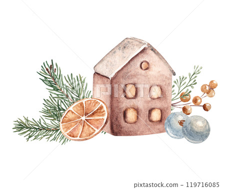 Christmas Composition. Ceramic house with Fir Branches, glass baubles, orange slice and eucalyptus. Cozy home decoration in Rustic style. Hand drawn Watercolor illustration isolated on white Christmas Composition. Ceramic house with Fir Branches, glass baubles, orange slice and eucalyptus. Cozy home decoration in Rustic style. Hand drawn Watercolor illustration isolated on white 119716085