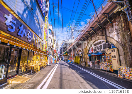 Tokyo cityscape in Japan in October. Near the Karasumori exit of Shimbashi Station. View of the drinking district under the elevated railway. The direction of Shimbashi Station is in the background on the left (27th) 119716158