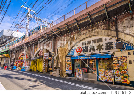Tokyo cityscape in Japan in October. Near the Karasumori exit of Shimbashi Station. View of the drinking district under the elevated railway. The direction of Shimbashi Station is in the background on the left (27th) 119716160