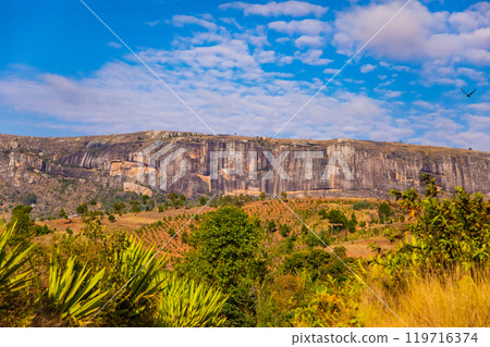 view of hills and mountains along main Madagascar road view of hills and mountains along main Madagascar road 119716374