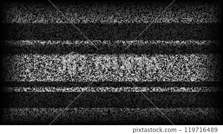 TV static noise background. Glitch pixelated television screen. Lost or bad TV signal VHS video with black stripes wallpaper. White noise grain. CRT screen with interferences and glitches. Vector TV static noise background. Glitch pixelated television screen. Lost or bad TV signal VHS video with black stripes wallpaper. White noise grain. CRT screen with interferences and glitches. Vector 119716489