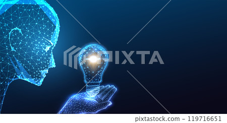 AI innovation ideas concept with robotic head holding glowing lightbulb on dark blue background. AI innovation ideas concept with robotic head holding glowing lightbulb on dark blue background. 119716651