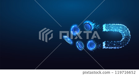 Money magnet attracting coins on dark blue background. Wealth attraction, investment growth concept Money magnet attracting coins on dark blue background. Wealth attraction, investment growth concept 119716652