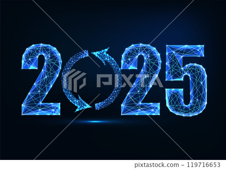 Abstract 2025 New Year web banner template with reload symbol. Futuristic dark blue background Abstract 2025 New Year web banner template with reload symbol. Futuristic dark blue background 119716653