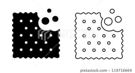 Set of bitten cracker icons with crumbs. Sweet or salty biscuit cookies in square shapes. Popular crunchy snacks isolated on white background. Vector graphic illustration Set of bitten cracker icons with crumbs. Sweet or salty biscuit cookies in square shapes. Popular crunchy snacks isolated on white background. Vector graphic illustration 119716669