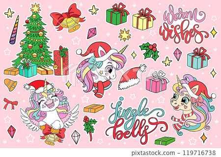 Christmas set with winter unicorn stickers vector 119716738