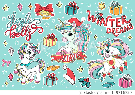 Christmas set with winter unicorn and elements stickers 119716739