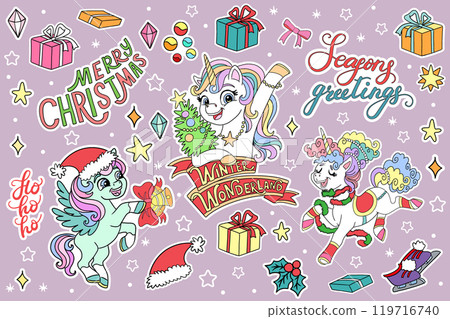 Collection with winter unicorn and Christmas elements vector 119716740