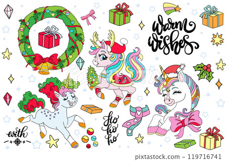 Collection with winter unicorn and Christmas elements stickers 119716741