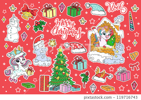 Collection with Christmas elements and winter unicorns stickers 119716743