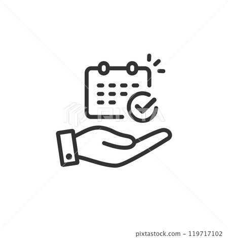 Calendar and check mark icon on the palm of your hand (line drawing, black and white) 119717102