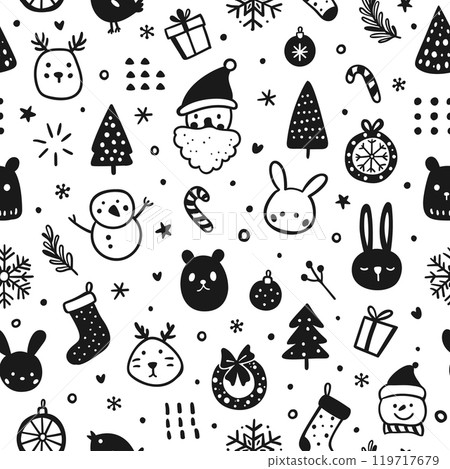 Whimsical Holiday Doodle Pattern in Black and White. Seamless Christmas background 119717679
