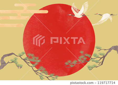 Auspicious background illustration of sunrise, pine and crane 119717714