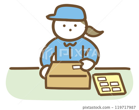 A woman in work clothes sticking a sticker on a box 119717987